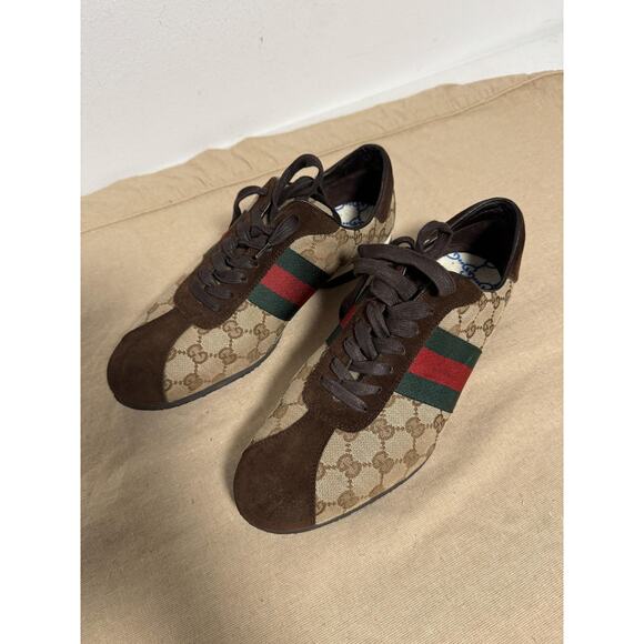 Gucci Shoes Mens Size 8.5 Brown GG Canvas Suede Web Stripe Made in Italy 117711 - Picture 4 of 10